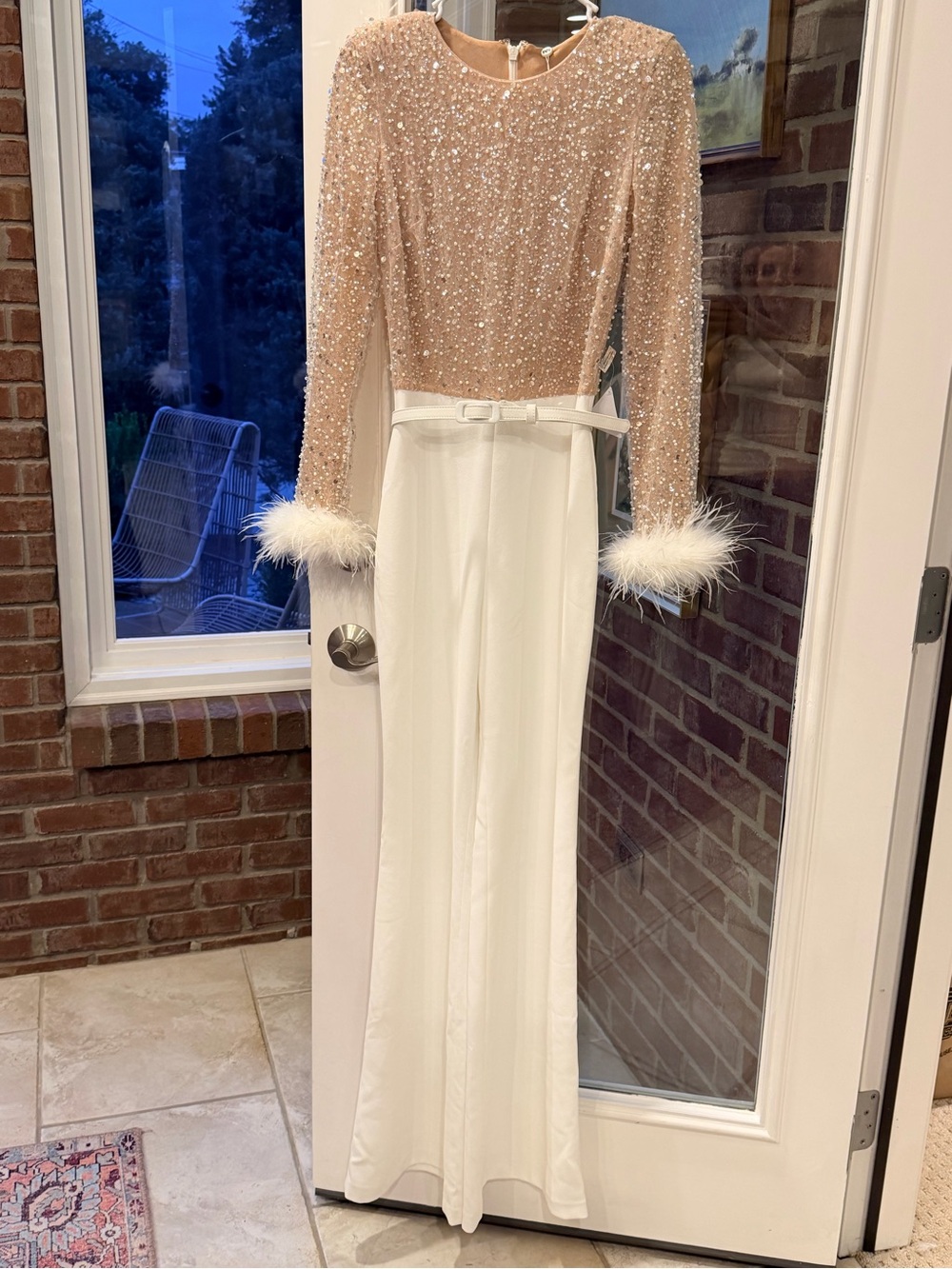 Nadine Merabi Sequin Nude Top with Feather Cuff White Jumpsuit